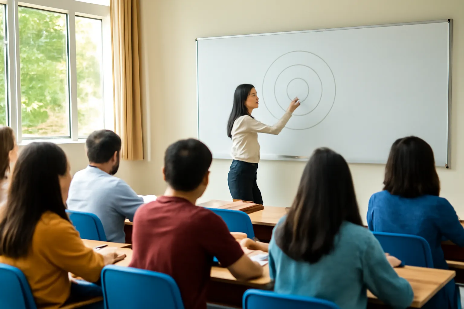 Giảng viên vẽ sơ đồ vòng tròn trên bảng trắng trong giảng đường đại học ở Hà Nội