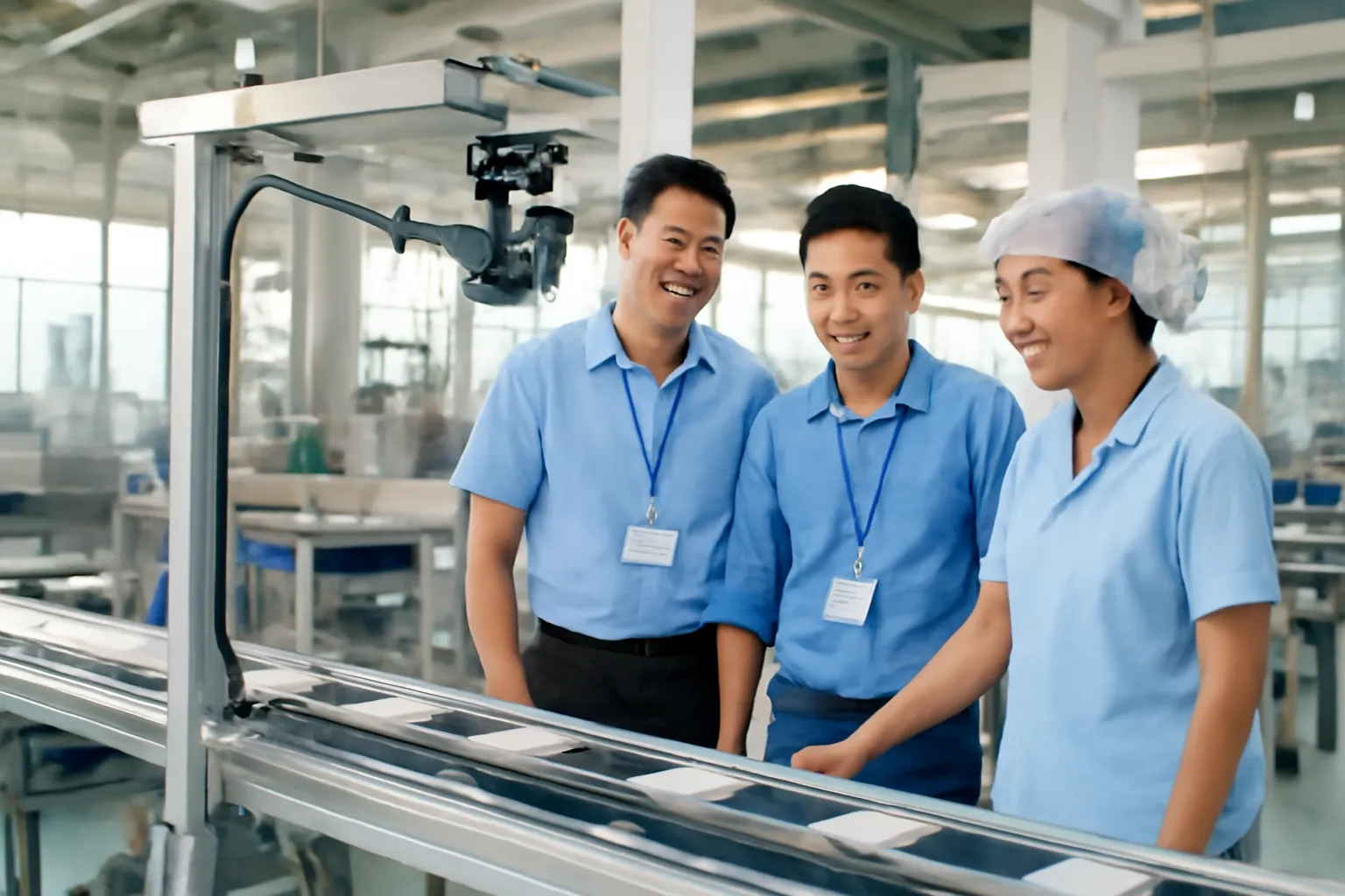 Kỹ sư bên bán và nhân viên kiểm hàng đứng bên dây chuyền có camera ở Hải Phòng