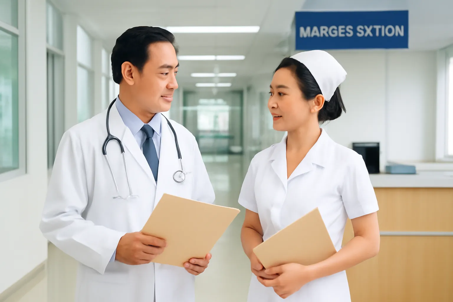 Bác sĩ và điều dưỡng trao đổi bên quầy trực hành lang bệnh viện