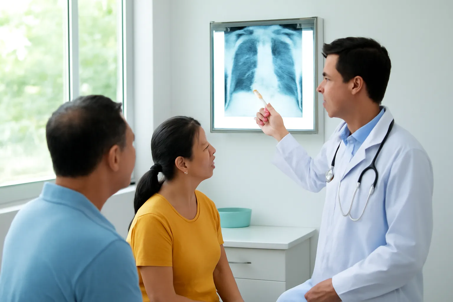 Bác sĩ bệnh viện tỉnh ở Cần Thơ giải thích phim X-quang cho bệnh nhân và vợ