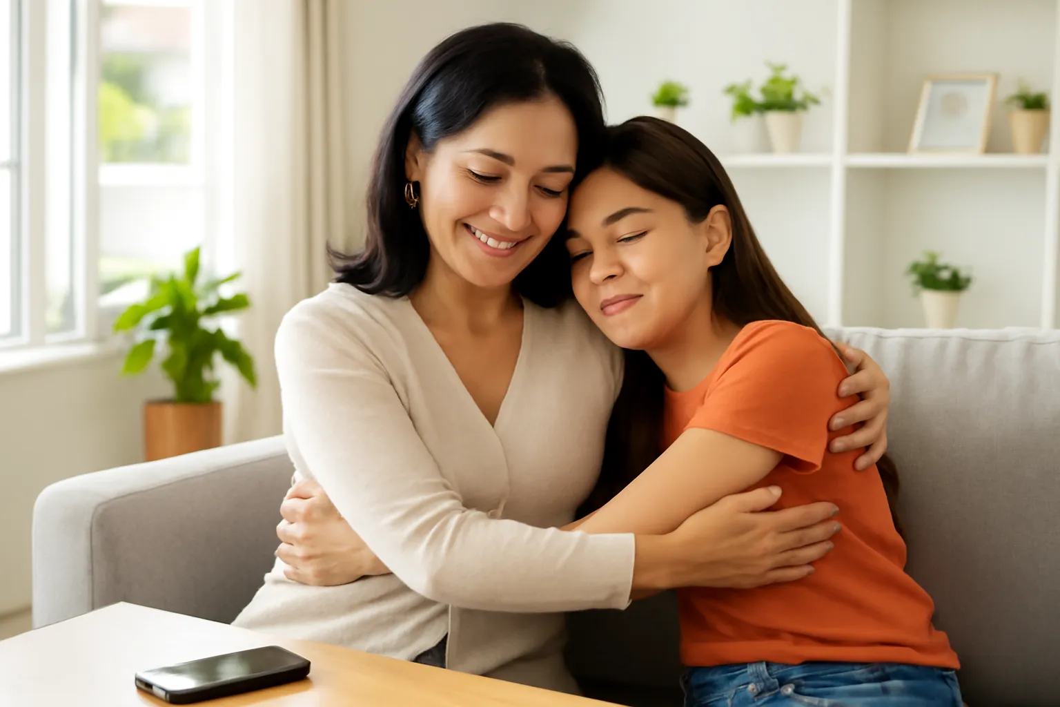 Người mẹ ôm vai con gái tuổi teen trên ghế sofa, điện thoại úp trên bàn