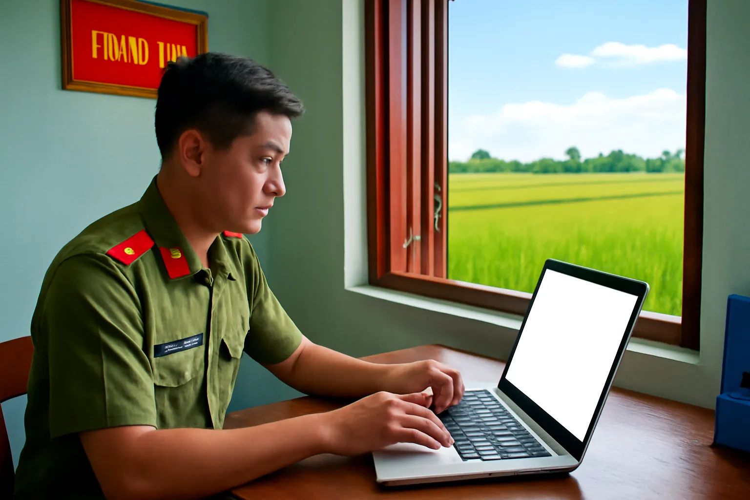 Cán bộ xã ngồi bàn gỗ làm việc với máy tính, cửa sổ nhìn ra ruộng lúa ven Cần Thơ
