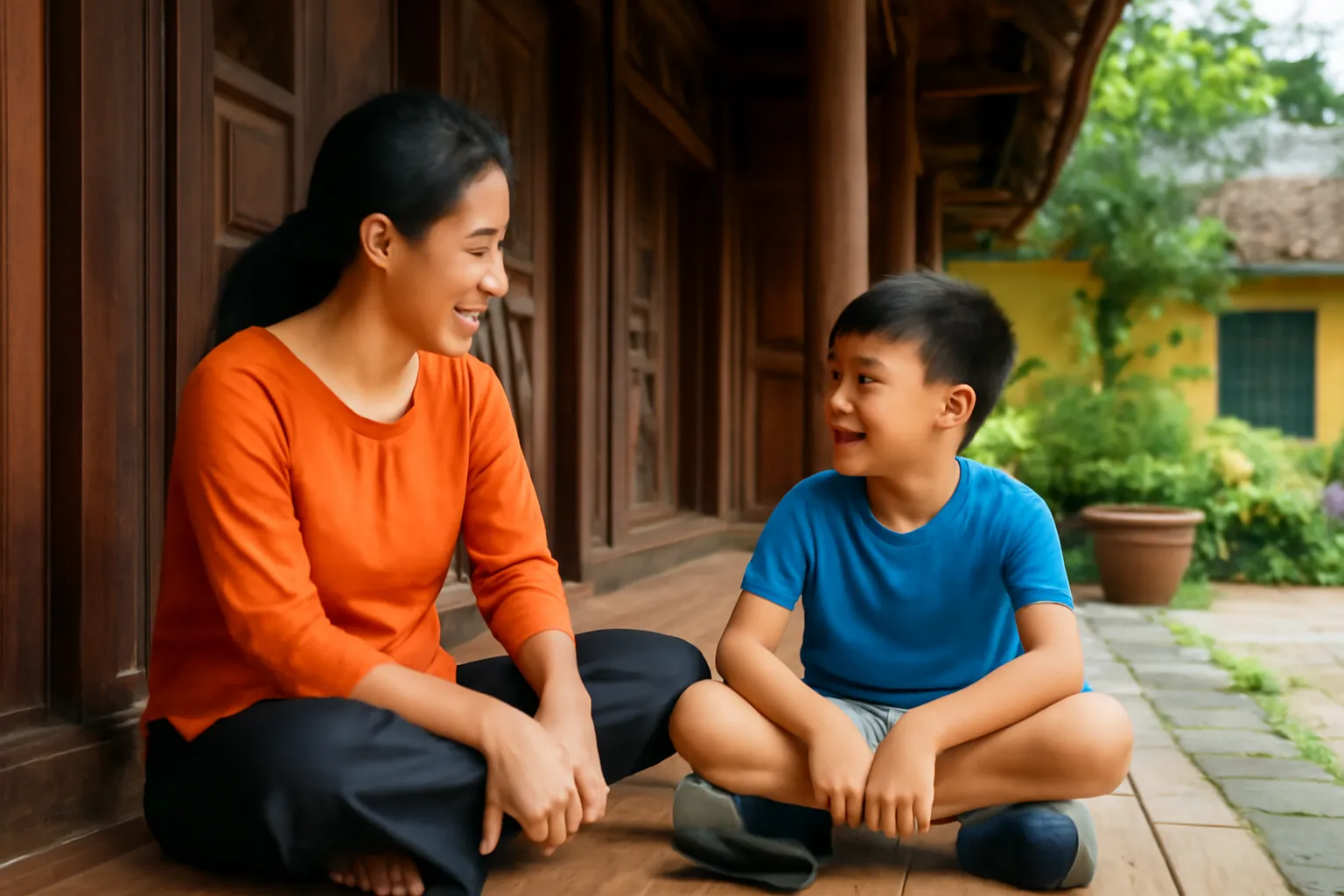Mẹ và con trai trò chuyện trên hiên một ngôi nhà rường ở Huế, điện thoại úp trên bàn