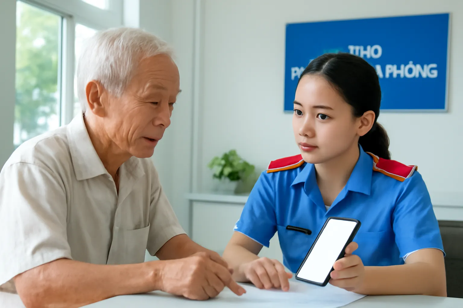 Ông cụ hỏi thủ tục với nữ cán bộ trẻ tại quầy tiếp dân phường ở Hải Phòng