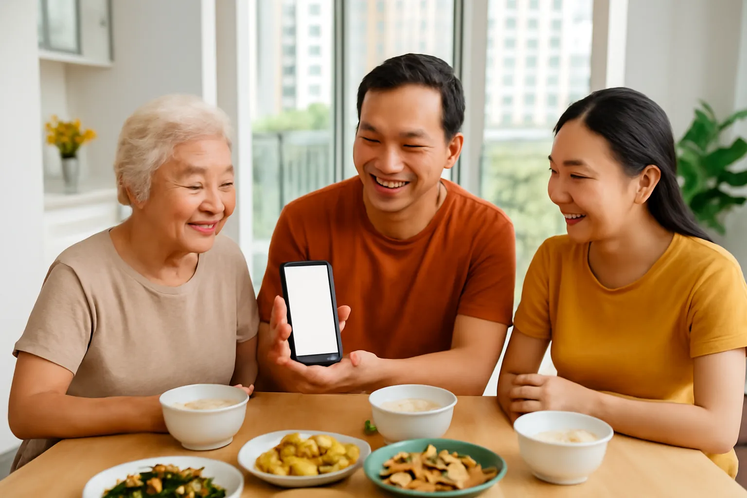 Gia đình ba thế hệ ăn tối trong căn hộ chung cư, người cha đưa điện thoại cho bà xem