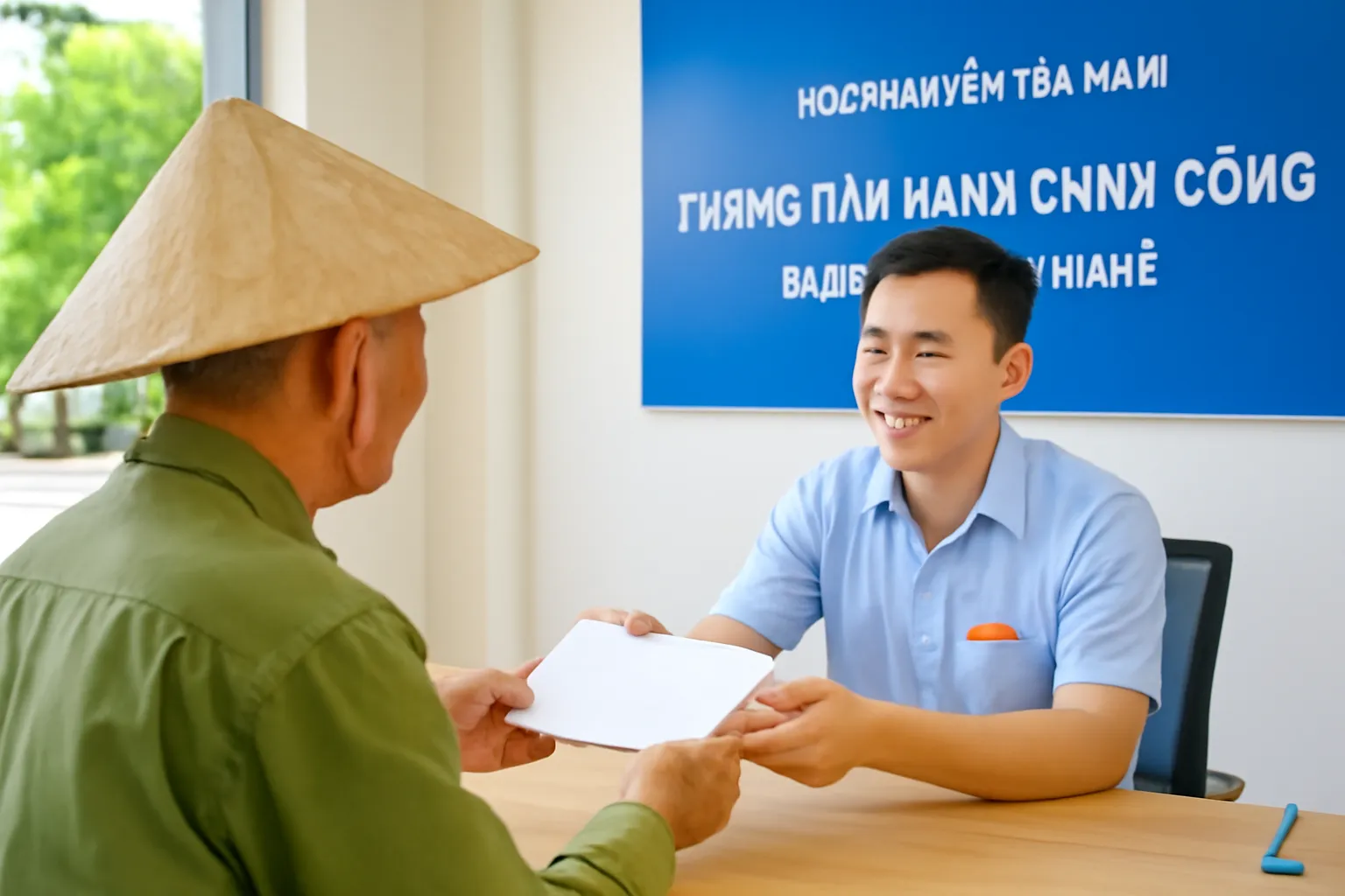 Cán bộ bộ phận một cửa ở trụ sở xã nhận hồ sơ của bác nông dân