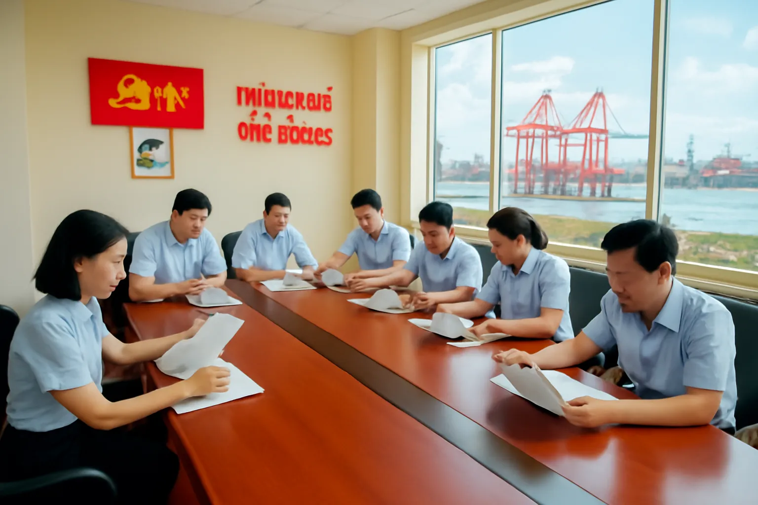 Cán bộ họp quanh bàn dài với giấy tờ trắng trong phòng họp nhìn ra cảng Hải Phòng