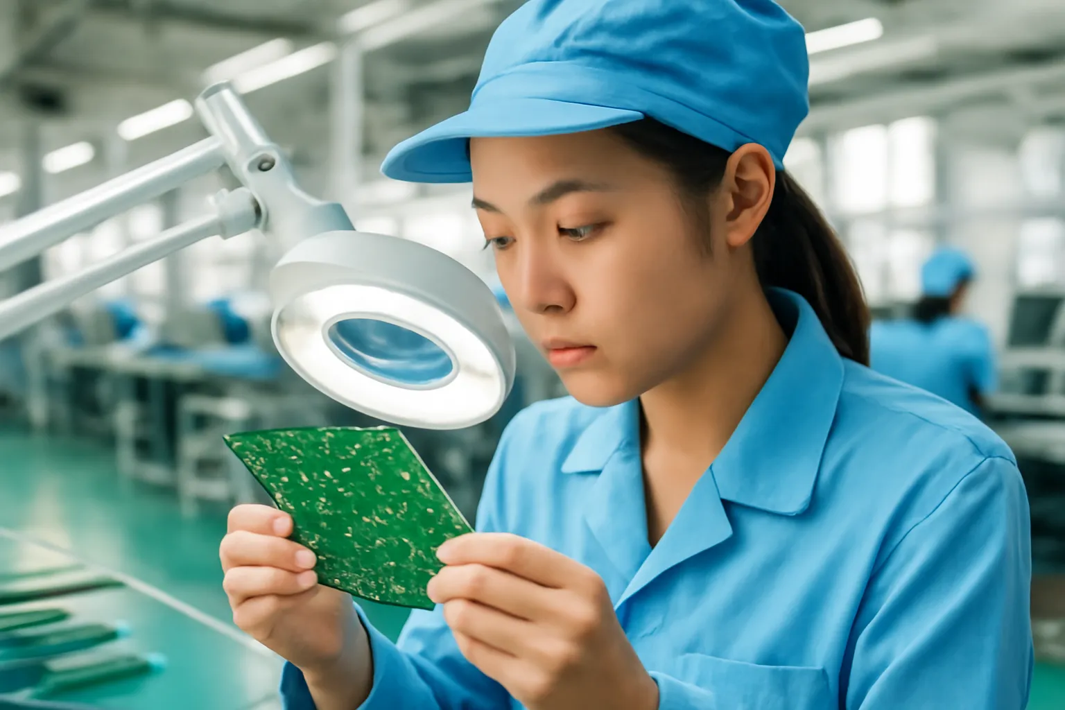 Nữ công nhân khu công nghiệp ở Đà Nẵng kiểm tra bo mạch điện tử dưới kính lúp có đèn