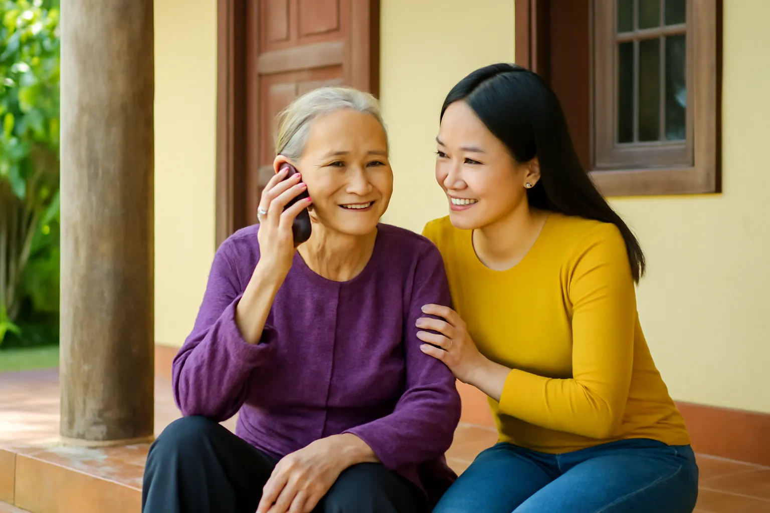 Bà mẹ ngồi trước hiên nhà ở quê nghe điện thoại, con gái đứng cạnh nghe cùng