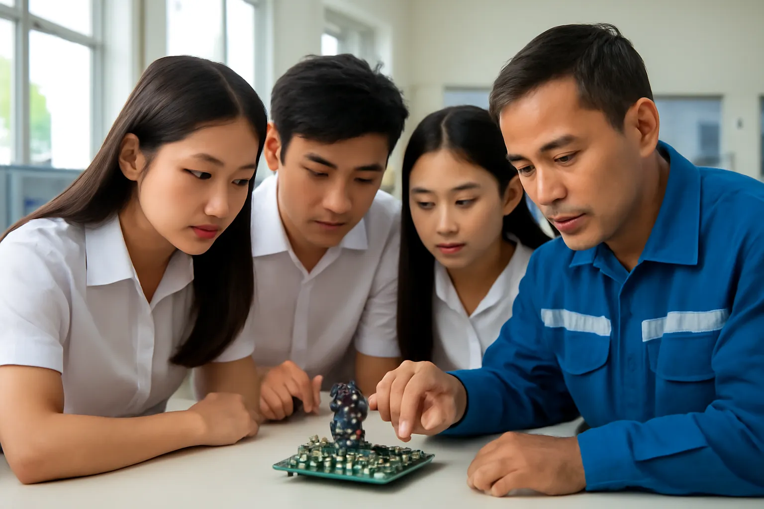Sinh viên và kỹ sư nhà máy cùng xem bộ cảm biến mẫu trong phòng thí nghiệm ở Cần Thơ