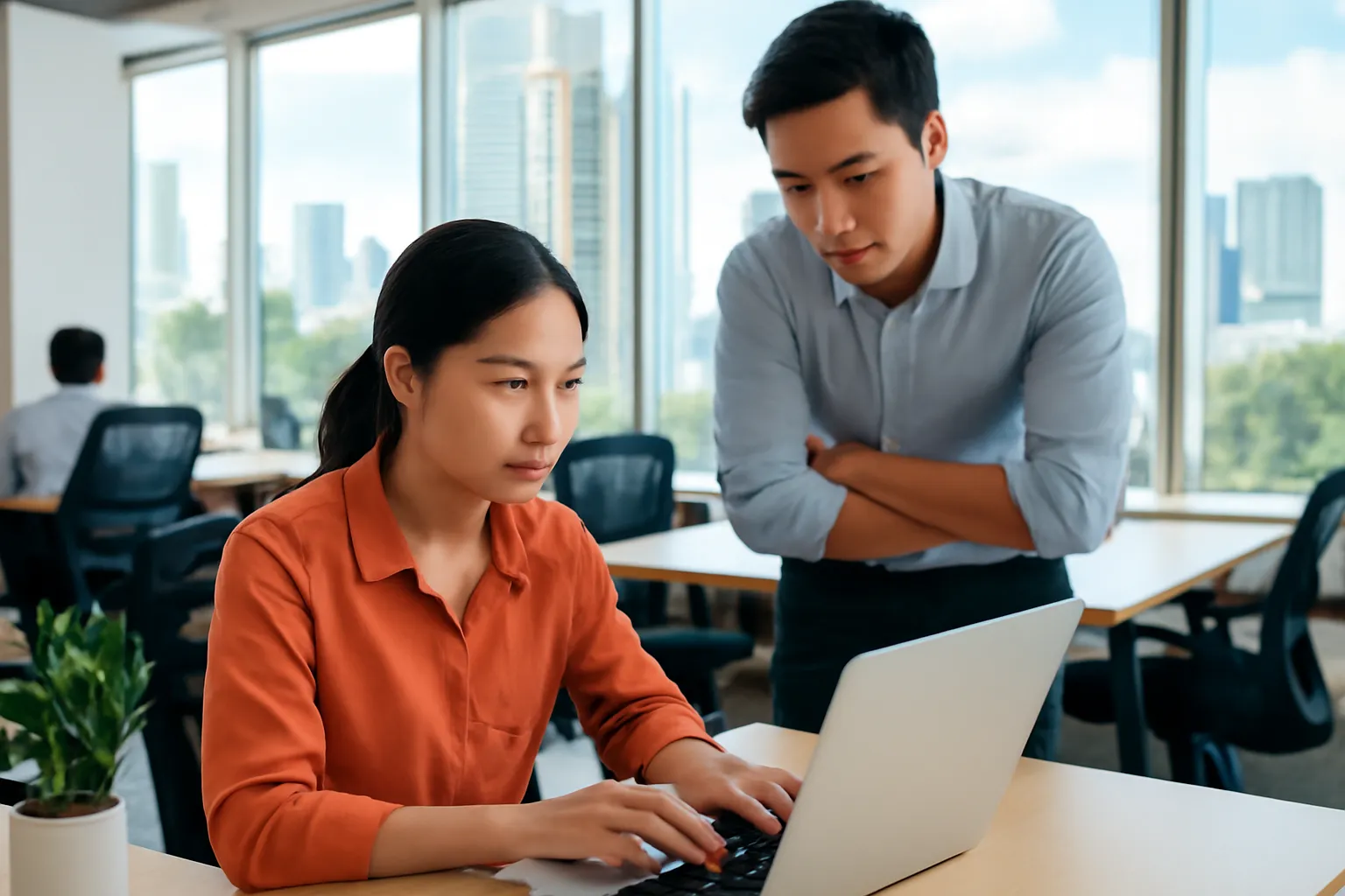 Nhân viên văn phòng ngừng tay trên bàn phím laptop, đồng nghiệp đứng phía sau