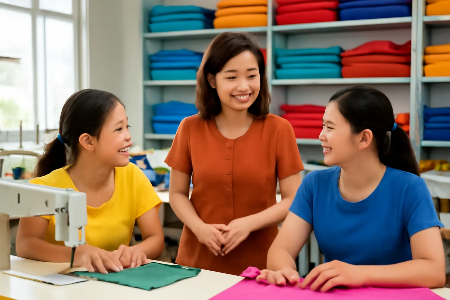 Chủ xưởng may nhỏ ở Hải Phòng trao đổi với thợ may bên dãy máy may