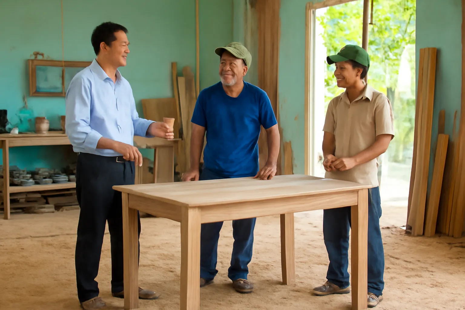 Chủ xưởng mộc nhỏ ở Huế trao đổi với hai thợ bên chiếc bàn gỗ đang làm dở
