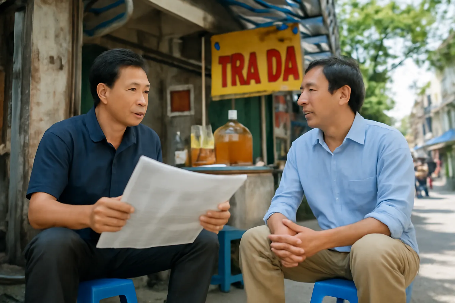 Hai người đàn ông trung niên ngồi quán trà đá góc phố Hà Nội đọc báo và trò chuyện