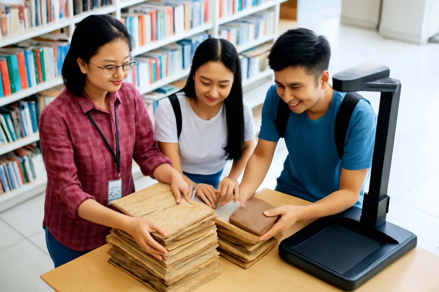 Thủ thư và sinh viên xếp sách báo cũ bên máy quét trong thư viện đại học