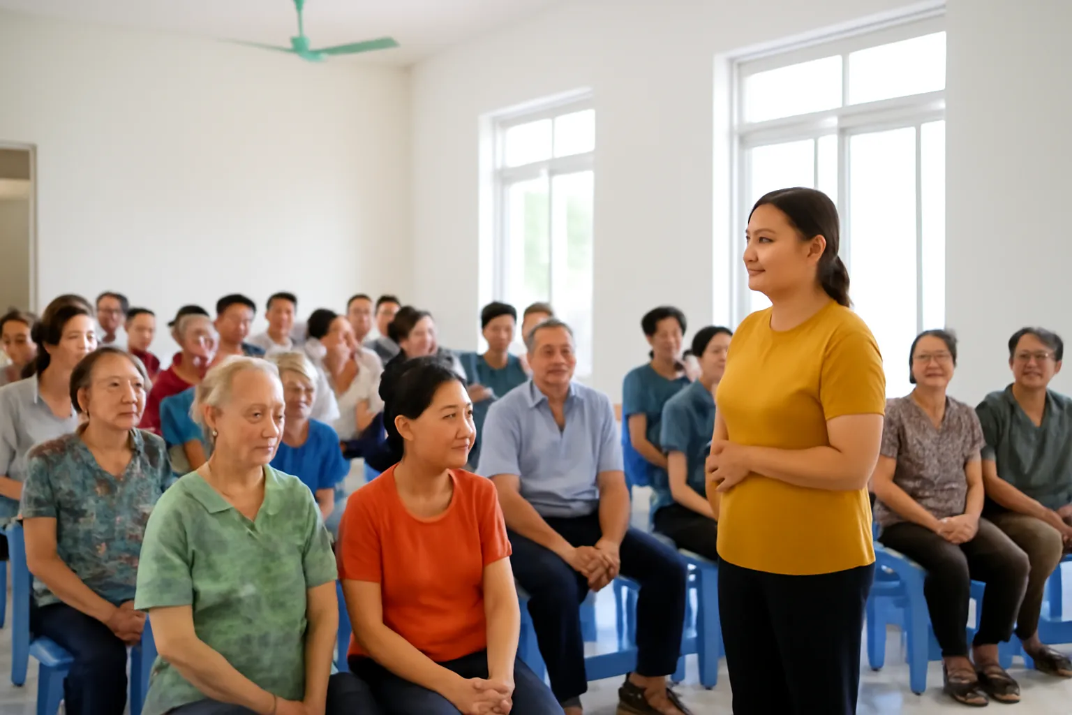 Cuộc họp tổ dân phố ở nhà văn hoá Hà Nội, một phụ nữ đứng phát biểu