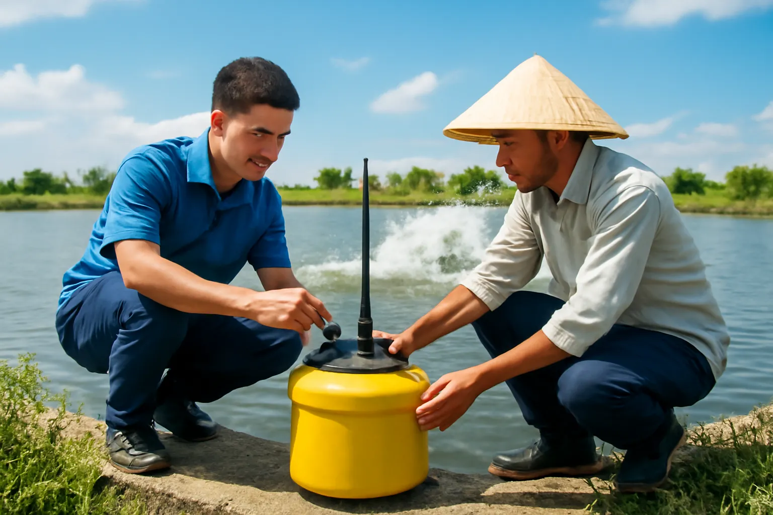 Kỹ thuật viên trẻ và nông dân kiểm tra phao cảm biến bên ao tôm gần Cần Thơ