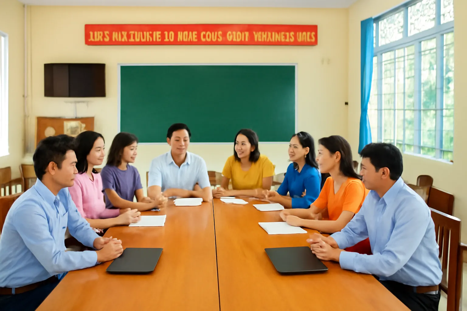 Tổ giáo viên một trường trung học ở Huế họp quanh bàn dài trong phòng hội đồng