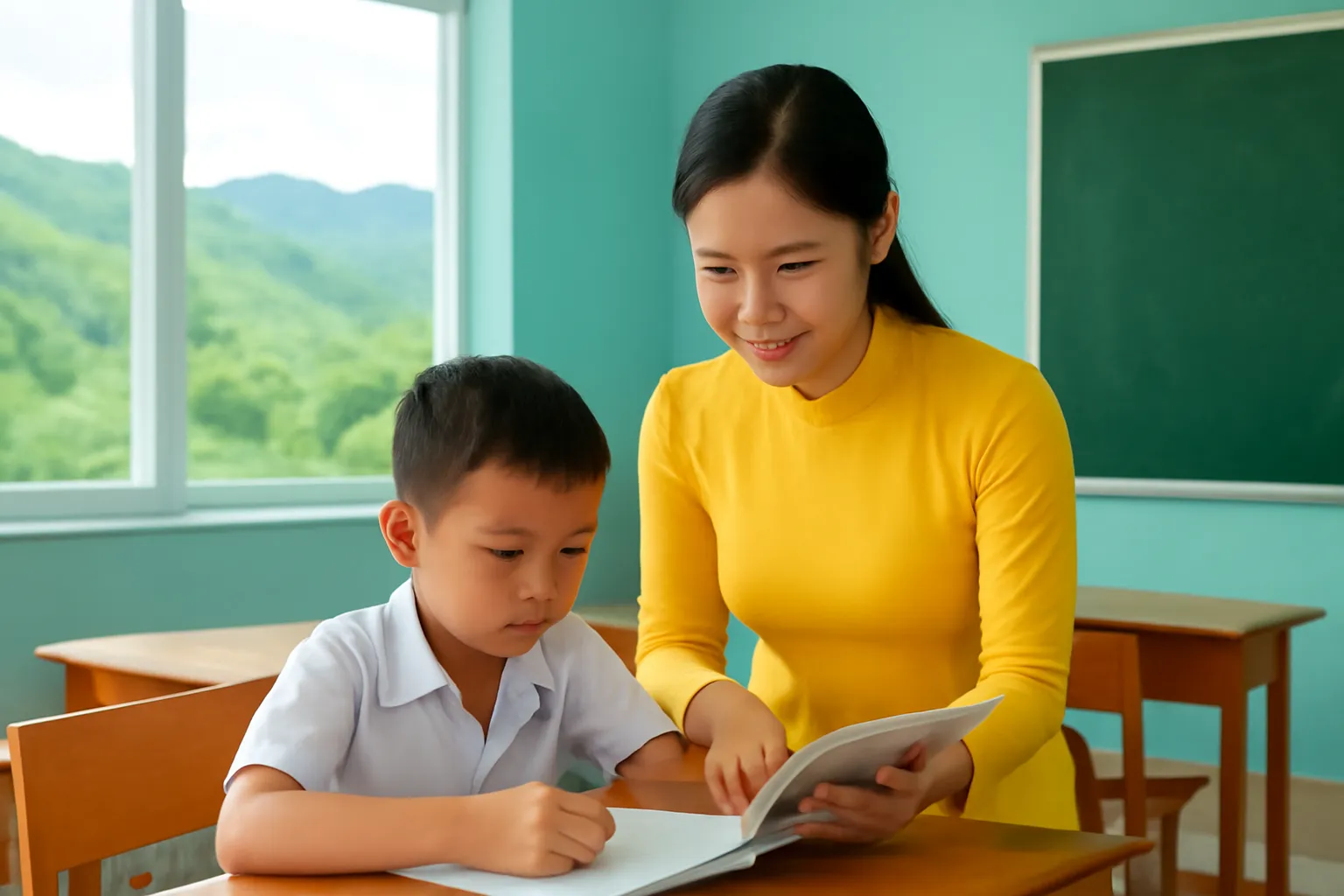 Thầy giáo xem vở học sinh trong lớp học nhỏ ở huyện miền núi A Lưới, Huế