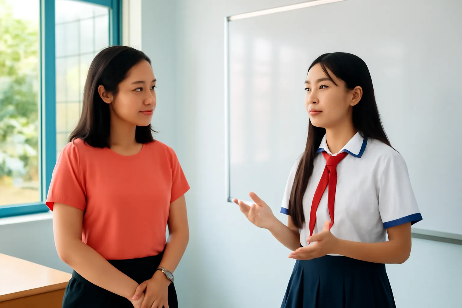 Nữ sinh trung học cơ sở ở Đà Nẵng trình bày miệng trước cô giáo bên bảng trống