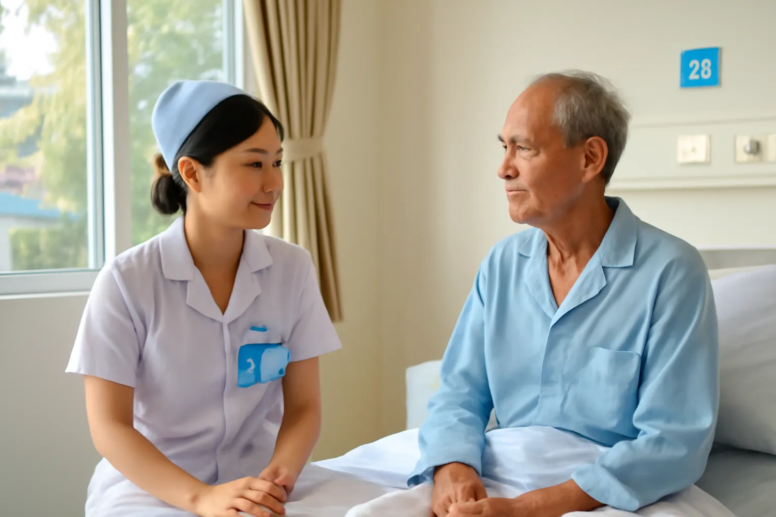 Điều dưỡng ở Huế ngồi bên giường bệnh lắng nghe một cụ ông kể chuyện, nắng sớm qua cửa sổ