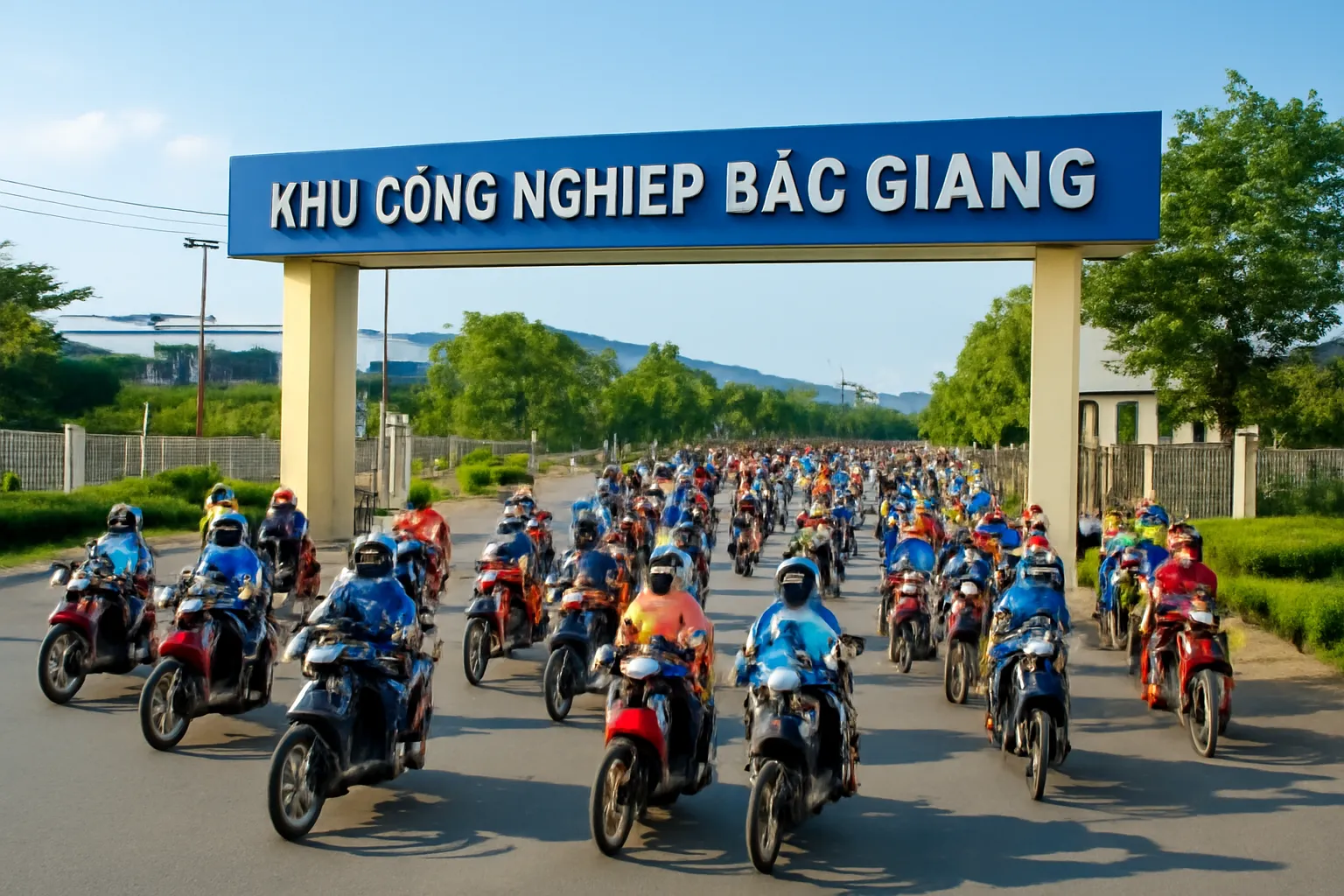Công nhân đổi ca ra khỏi cổng khu công nghiệp buổi chiều, xe máy nối hàng