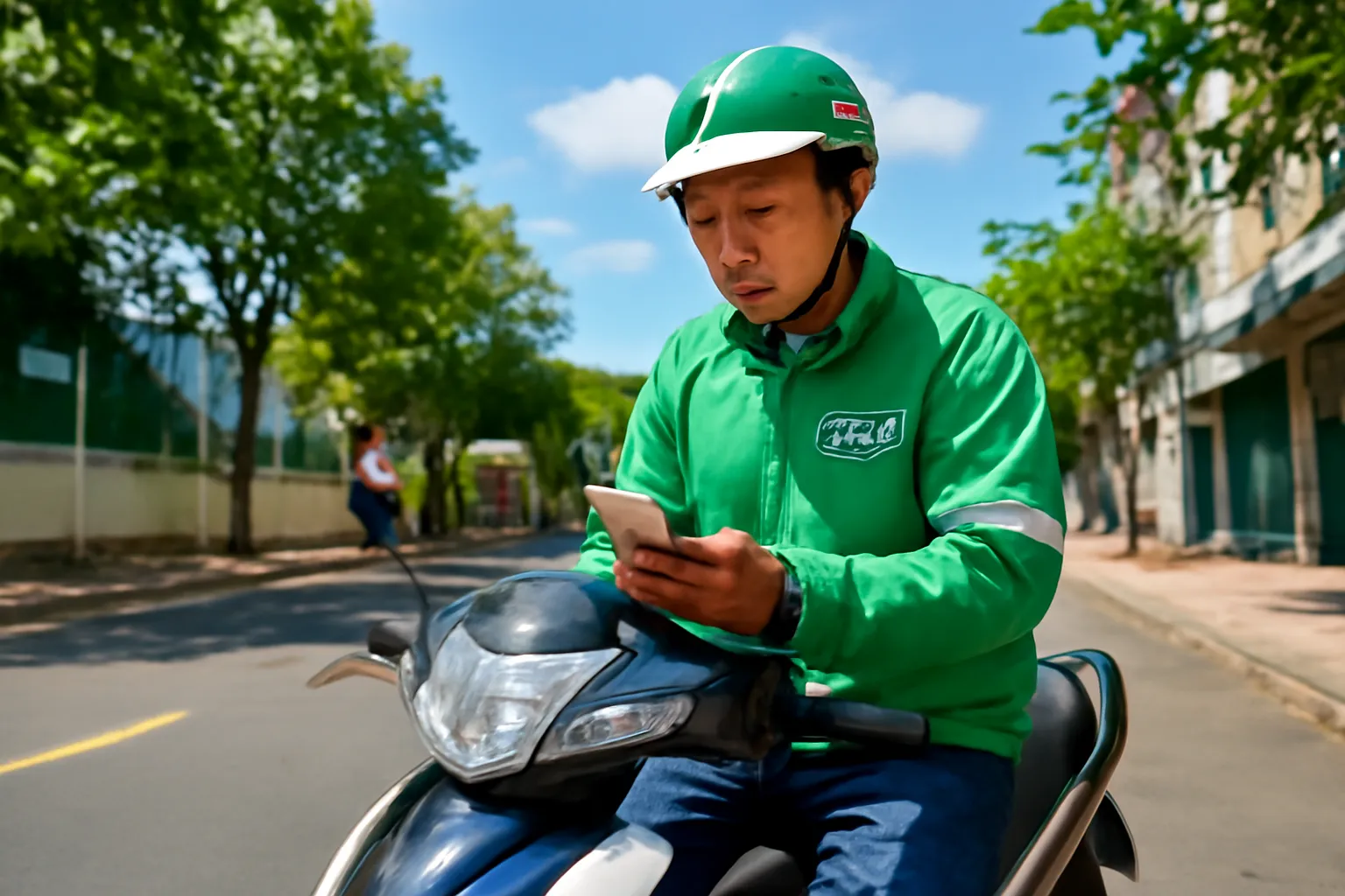 Tài xế xe ôm công nghệ ngồi trên xe máy bên lề đường, nhìn điện thoại