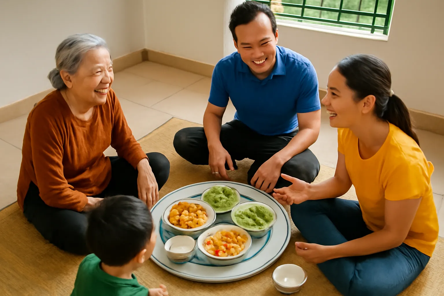 Gia đình ba thế hệ ngồi mâm cơm trên chiếu trò chuyện rôm rả