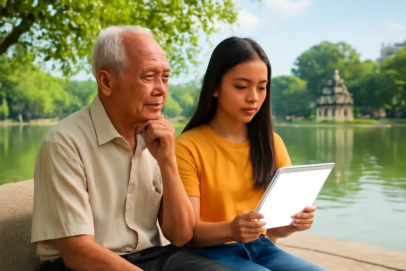 Ông giáo về hưu và cháu gái ngồi ghế đá ven hồ Hoàn Kiếm xem máy tính bảng