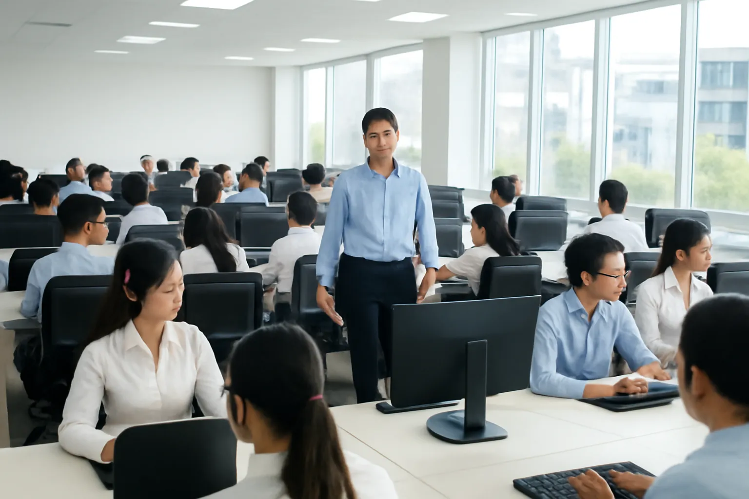 Nhân viên trực tổng đài đeo tai nghe trong văn phòng mở, quản lý đi giữa các bàn