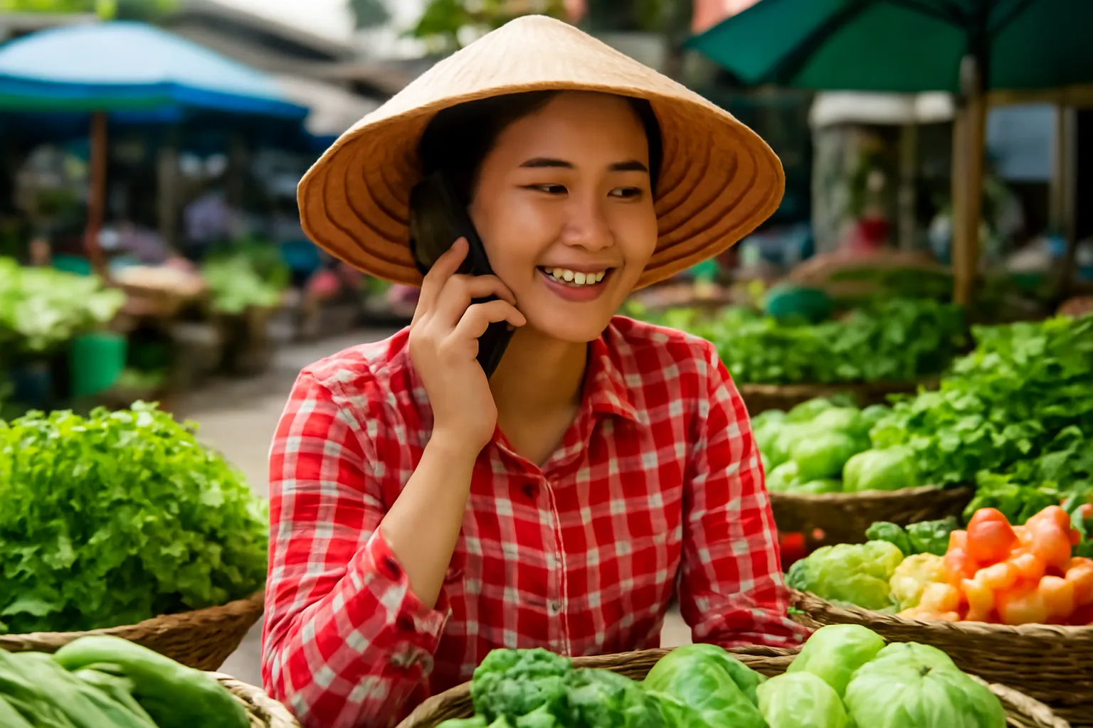 Chị bán rau ở chợ thị trấn miền Trung nói vào điện thoại cầm sát miệng