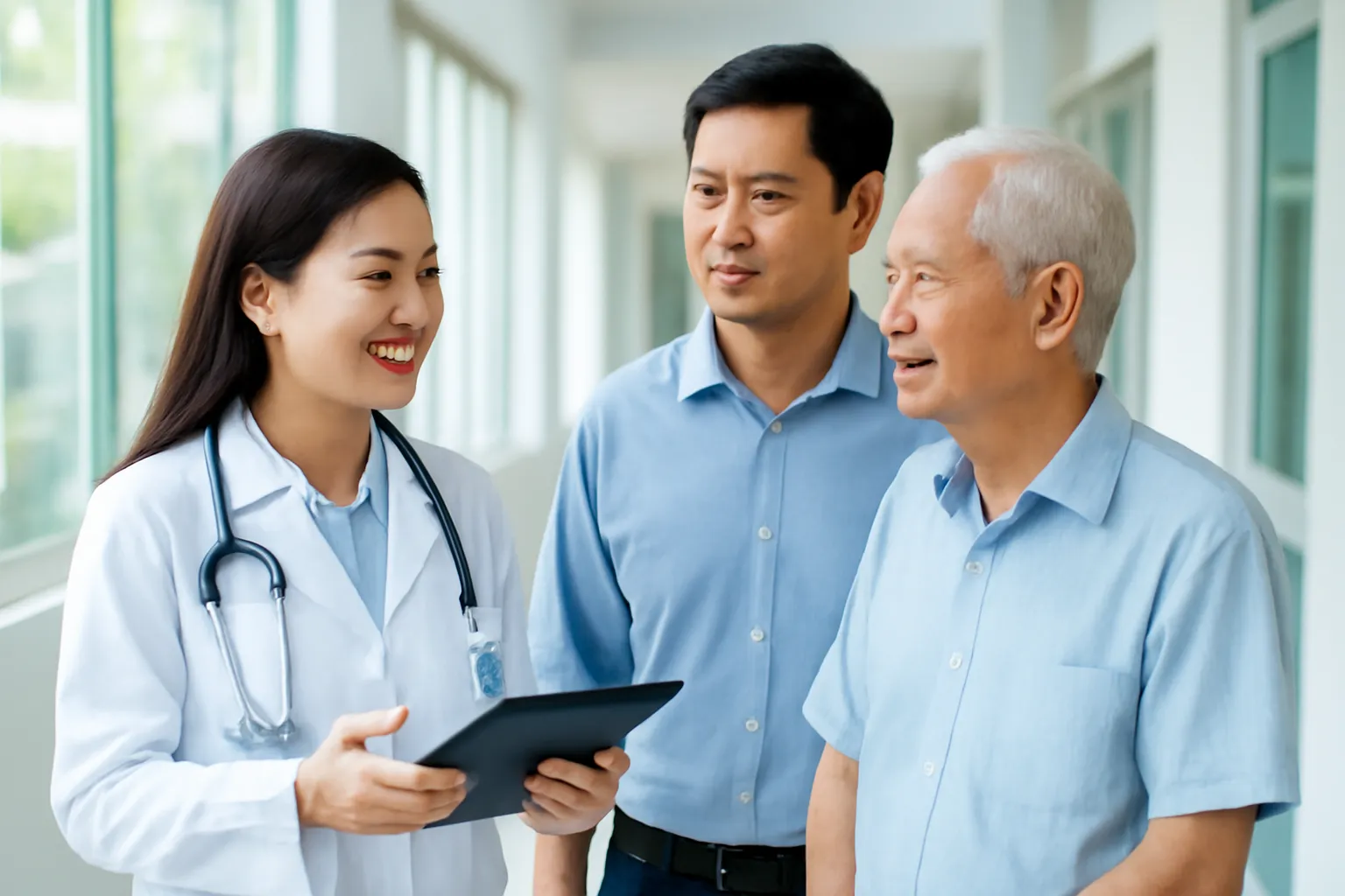 Bác sĩ trao đổi với người nhà bệnh nhân ở hành lang phòng khám sáng sủa tại Hà Nội