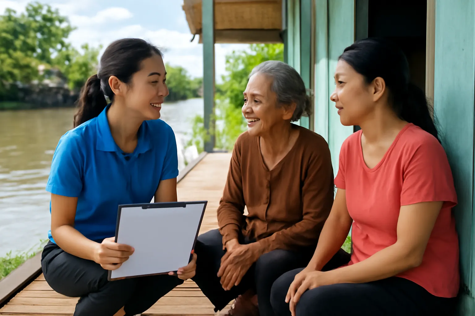 Cán bộ xã hội trò chuyện với cụ bà và con gái trên hiên nhà ven sông ở Cần Thơ