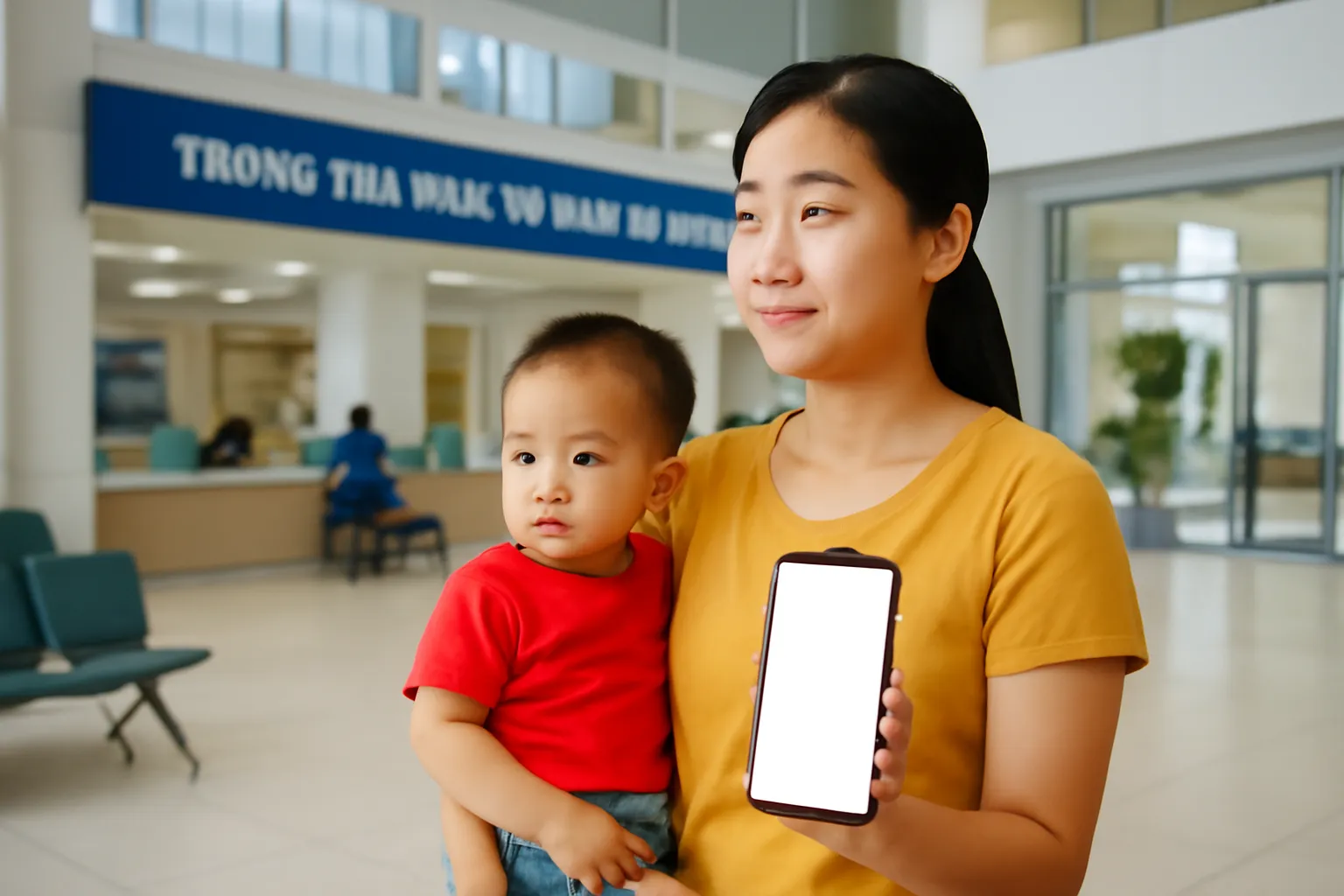 Người mẹ trẻ cầm điện thoại chờ ở sảnh trung tâm dịch vụ công tại Hà Nội