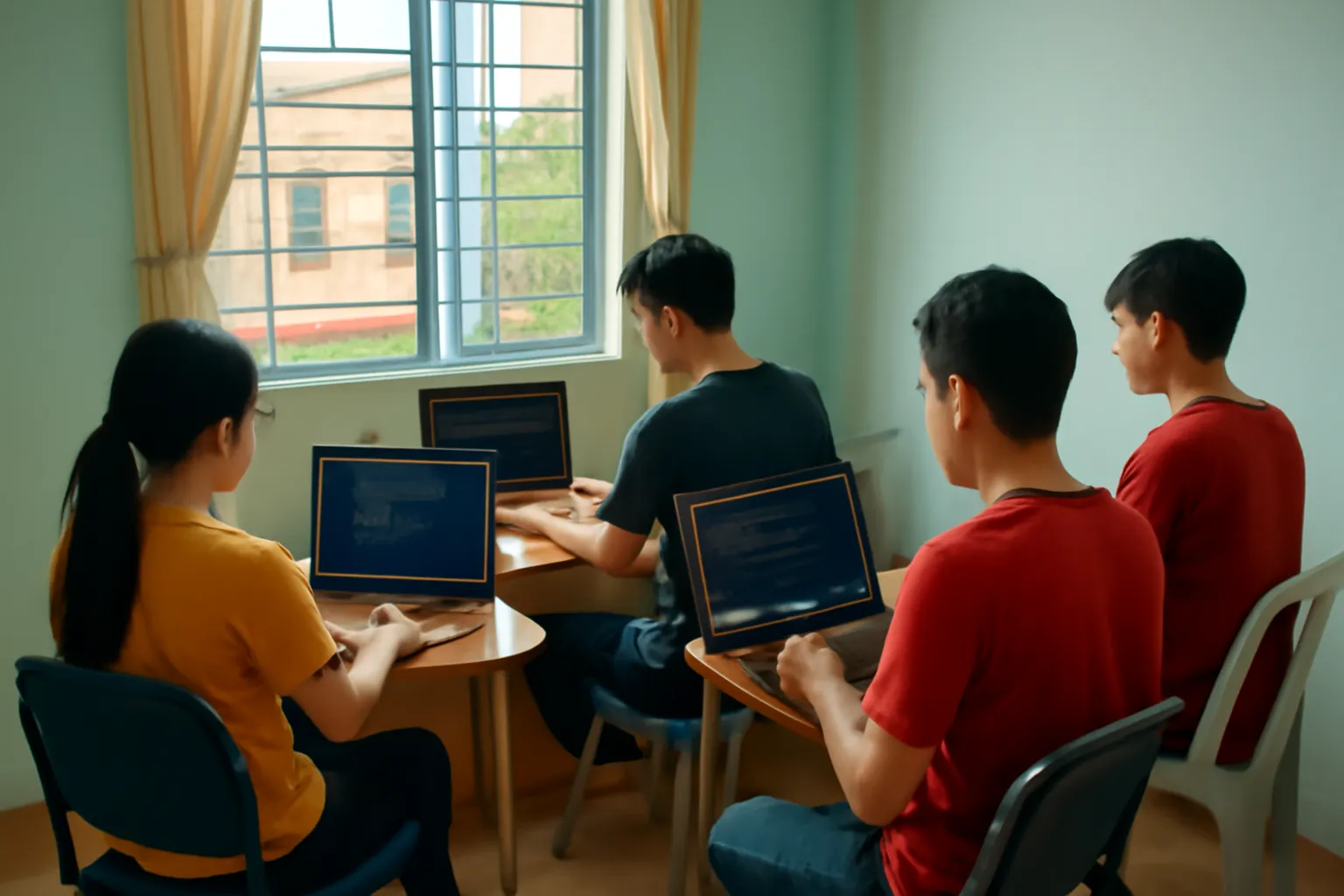 Nhóm bạn trẻ làm việc với máy tính trong phòng trọ ở thành phố miền Trung