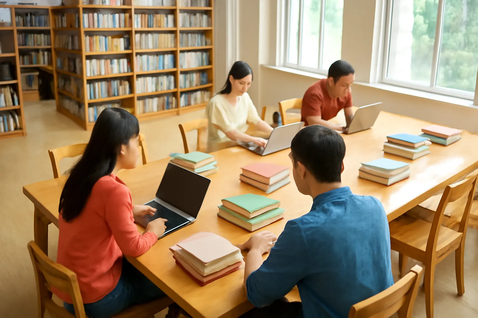 Phòng đọc thư viện ở Hà Nội nhìn từ trên cao với bàn gỗ dài và người đọc