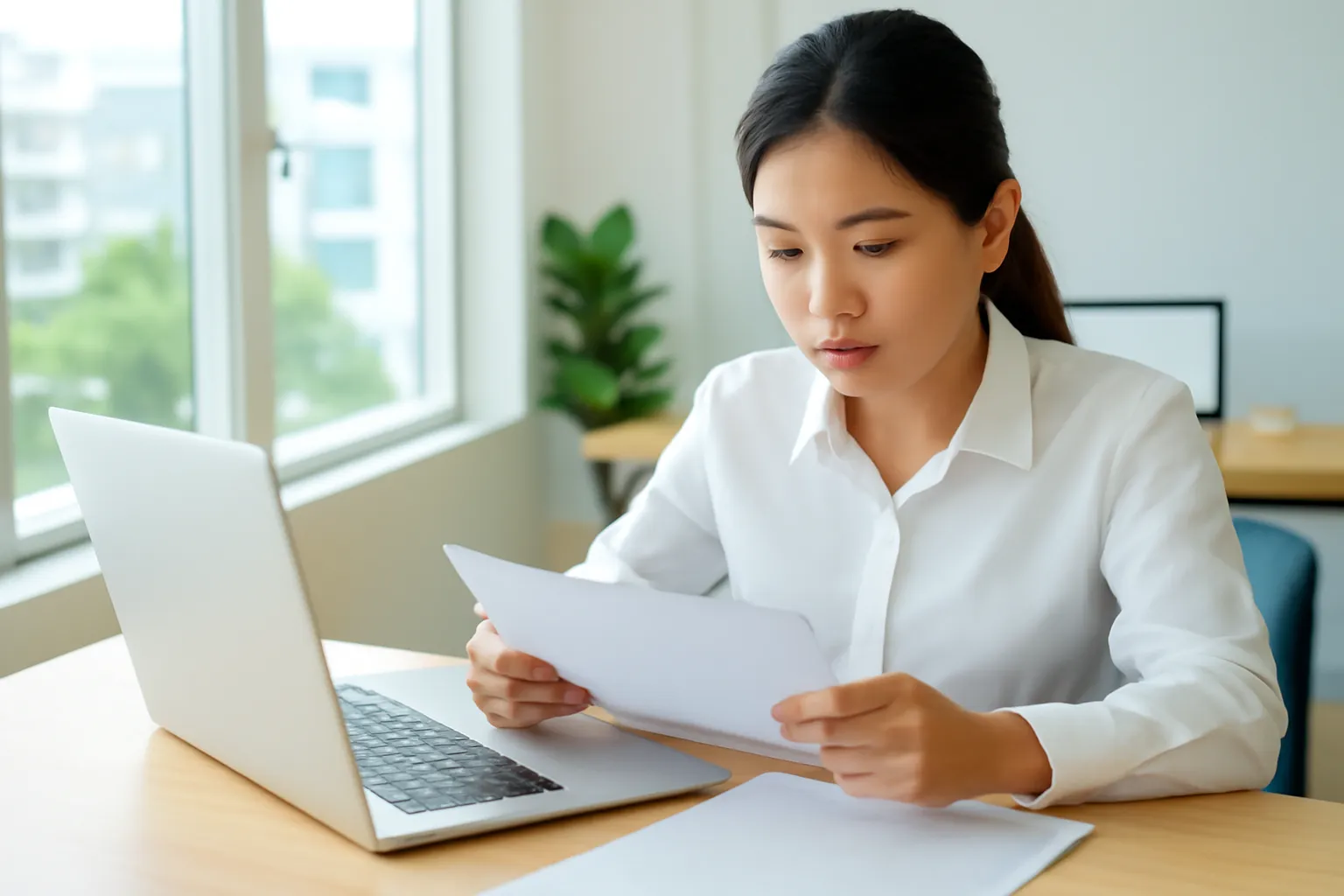 Nhóm nhân viên kế toán ở Đà Nẵng đối chiếu chứng từ giấy trong văn phòng sáng sủa