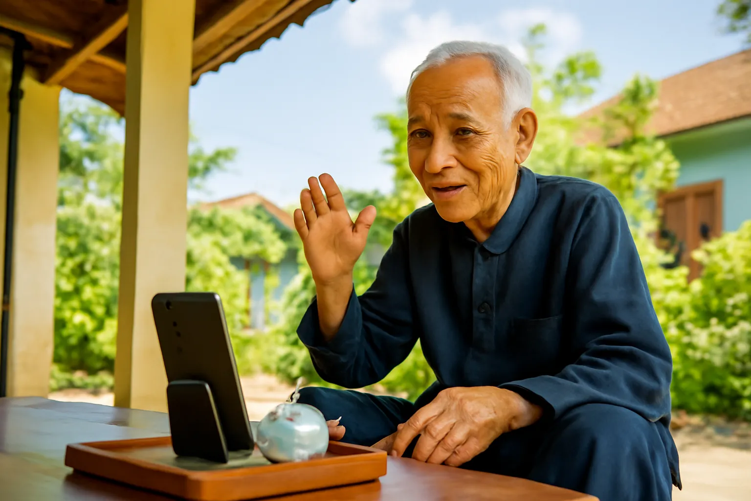 Ông cụ ngồi hiên nhà ở làng quê miền Trung nói chuyện với chiếc điện thoại