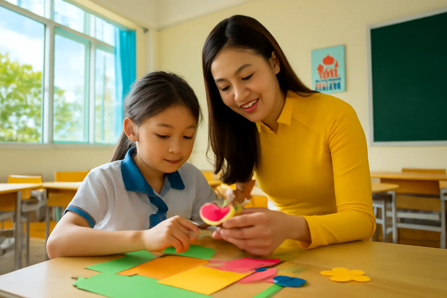 Cô giáo tiểu học ở Đà Nẵng ngồi cạnh bàn hướng dẫn em nhỏ cắt dán giấy màu