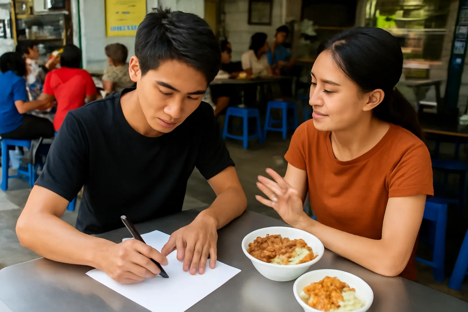Chàng trai trẻ viết thư trên giấy ở bàn quán cơm tấm, bạn ngồi đối diện góp ý
