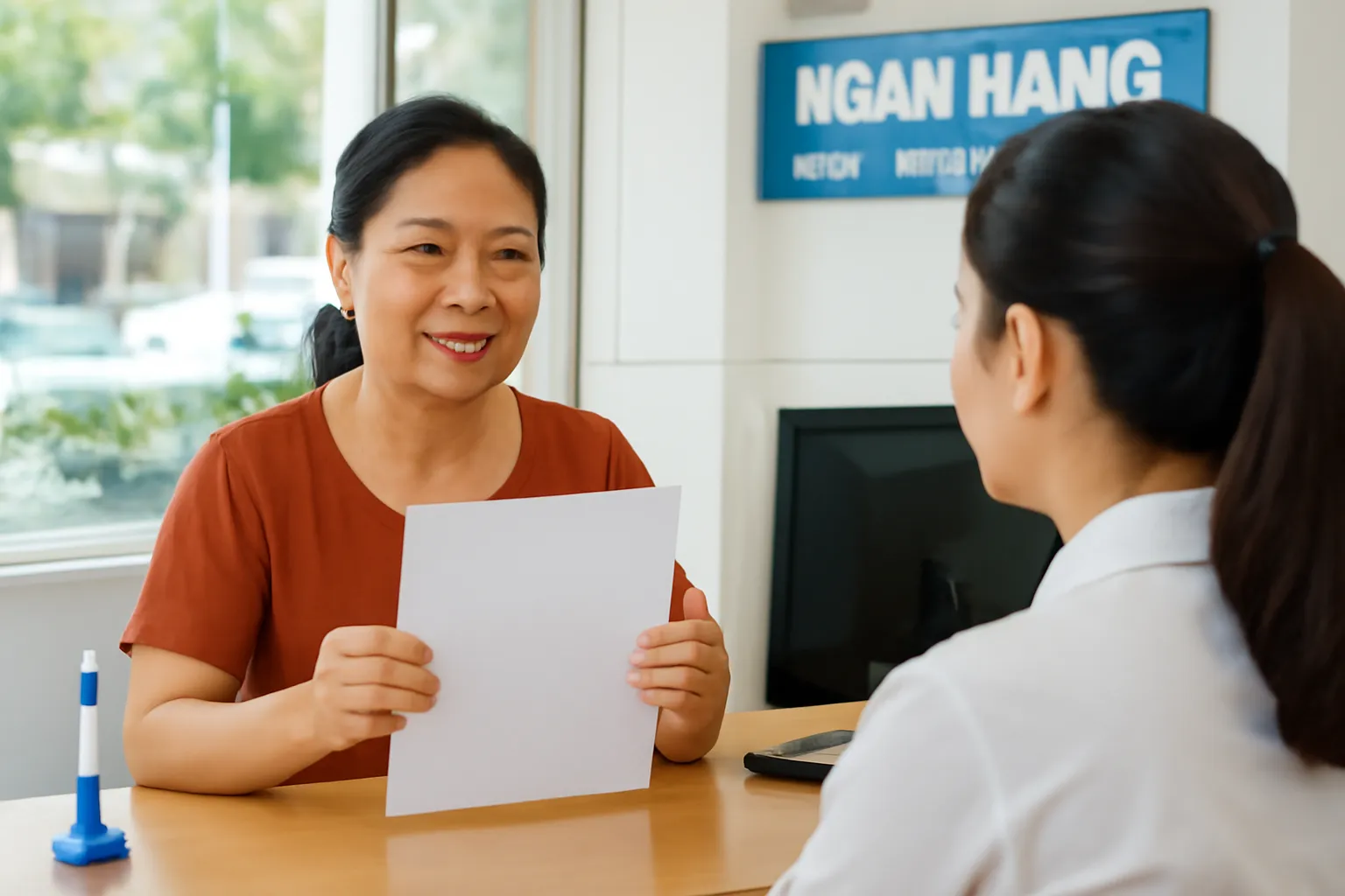 Người phụ nữ trung niên trao đổi tại quầy giao dịch ngân hàng, nhìn từ phía trong quầy
