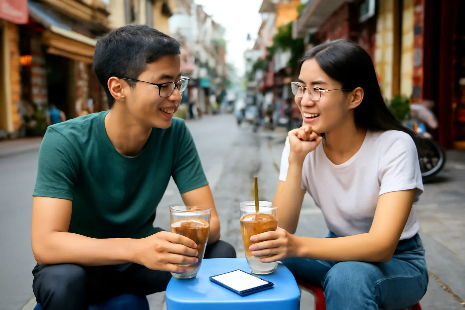 Hai sinh viên trò chuyện bên ly cà phê ở quán vỉa hè phố cổ Hà Nội