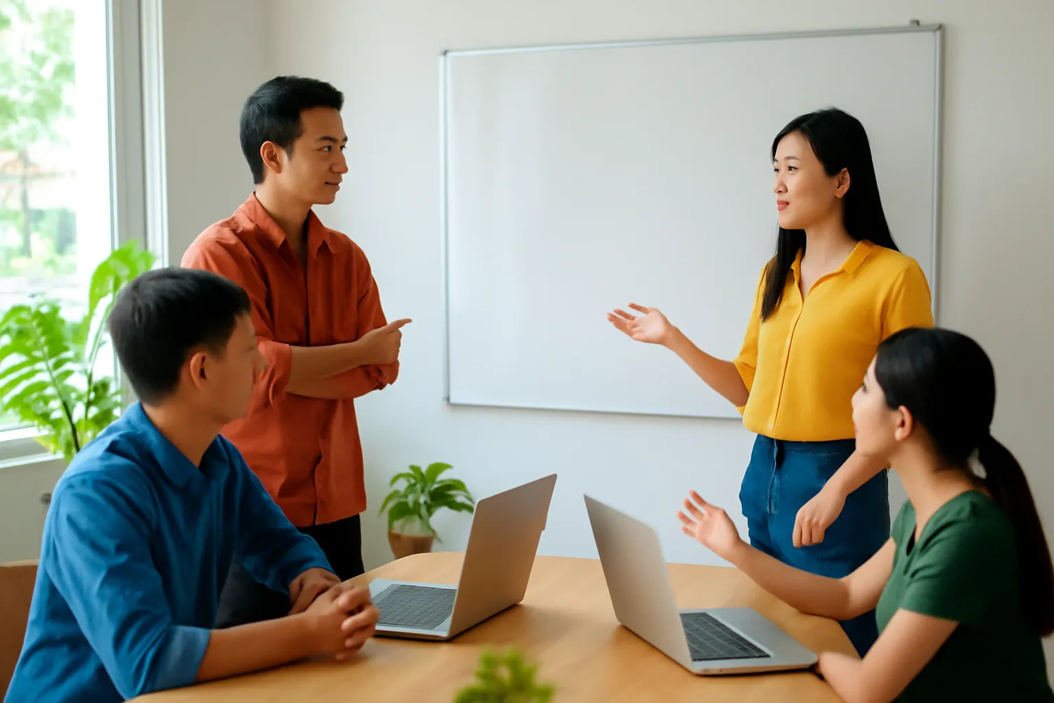Nhóm khởi nghiệp bốn người bàn bạc quanh bảng trắng trong văn phòng nhỏ ở Cần Thơ