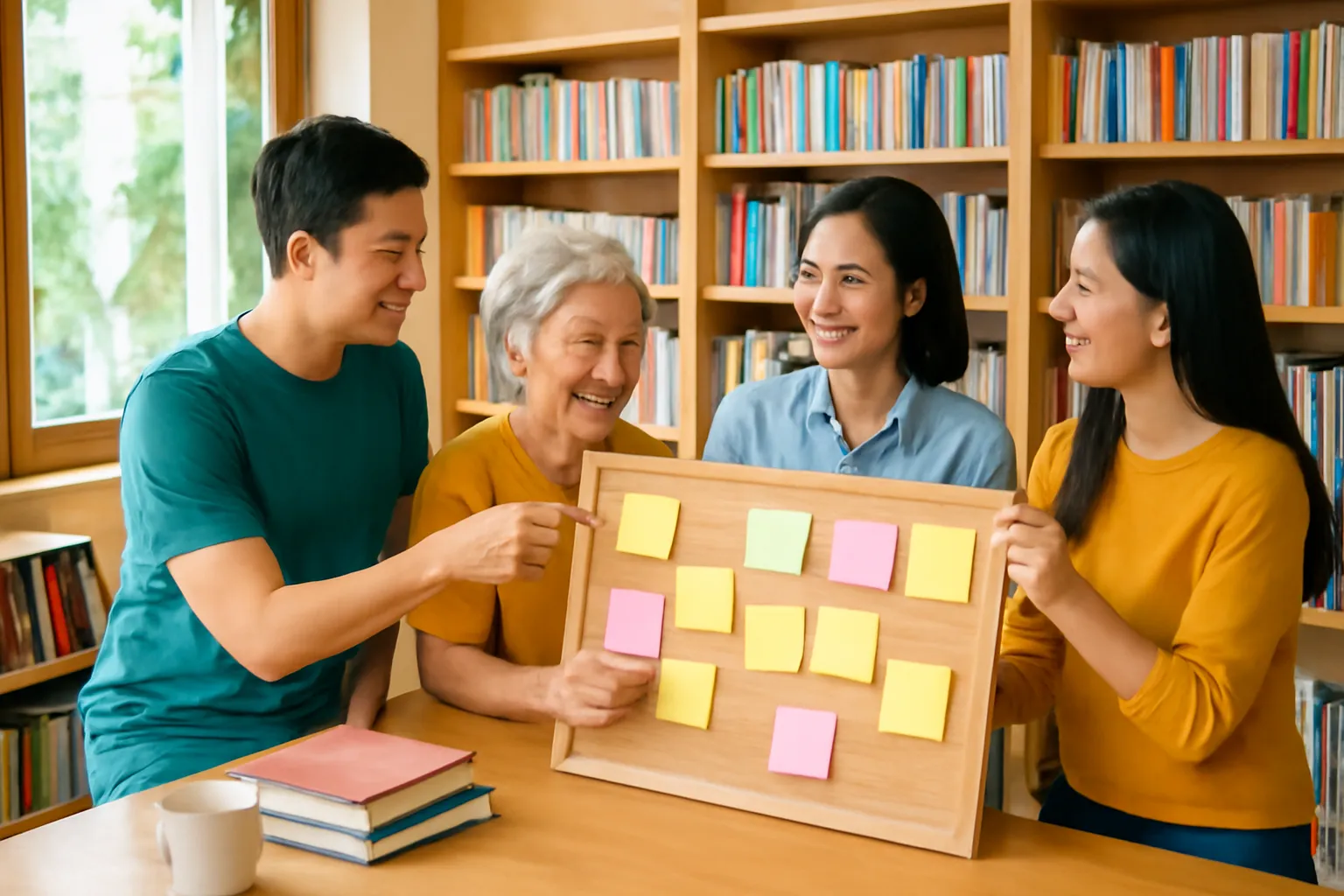 Câu lạc bộ đọc sách dán giấy nhớ lên bảng gỗ trong thư viện cộng đồng ở Hà Nội