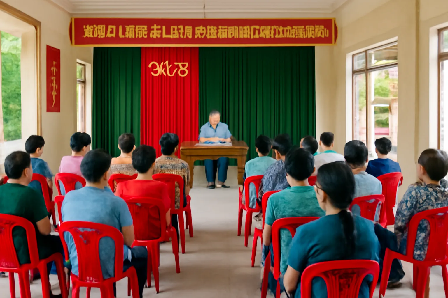 Bà con ngồi họp ở nhà văn hoá thôn nghe trưởng thôn nói chuyện