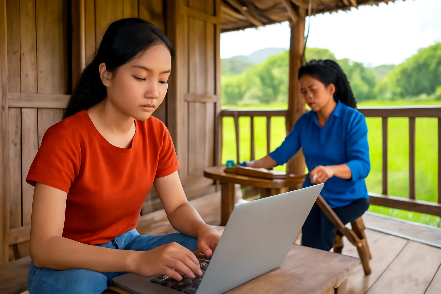 Nữ sinh học trên máy tính ở hiên nhà sàn, mẹ dệt vải bên cạnh