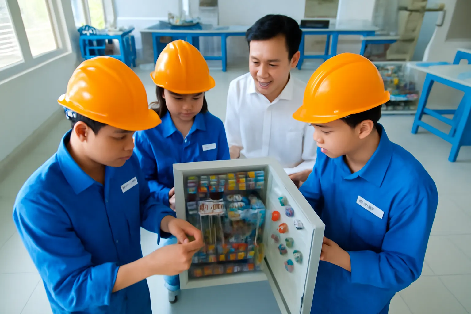 Học viên cao đẳng nghề ở Đà Nẵng đấu nối tủ điện trong xưởng thực hành, thầy đứng cạnh